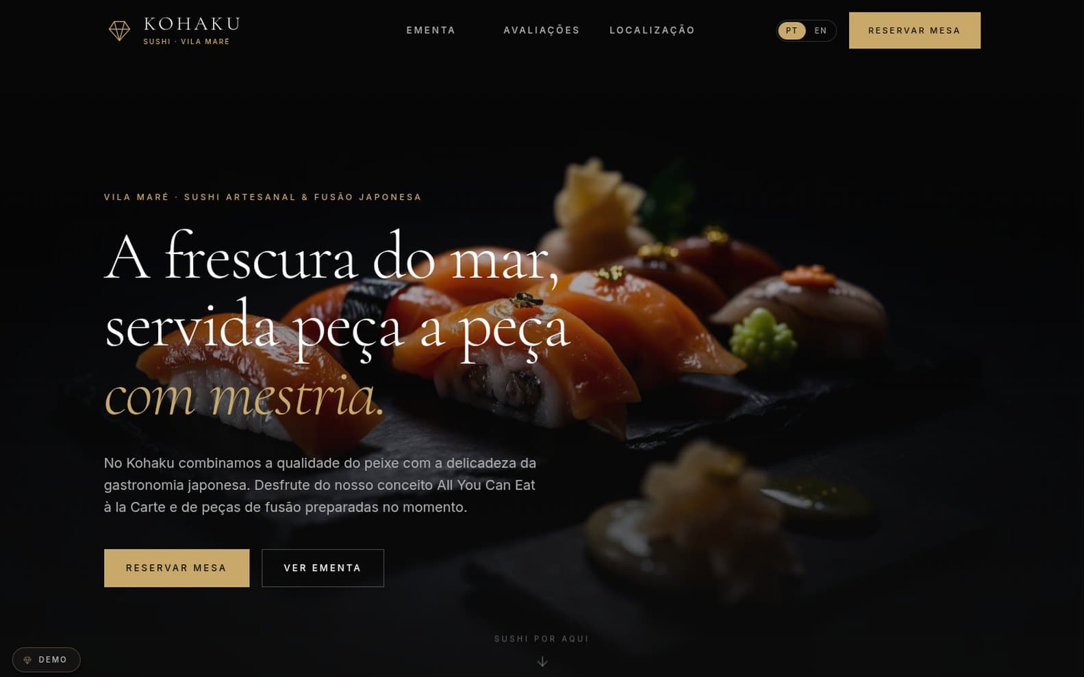 Kohaku — sushi restaurant website with online table booking, desktop view