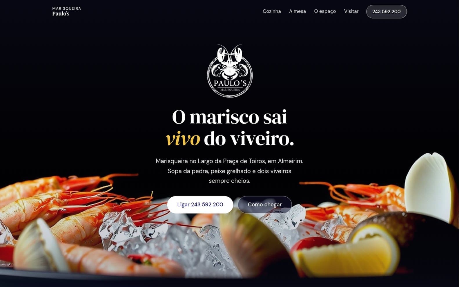 Marisqueira Paulo's — A one page site for a seafood restaurant in Almeirim — the menu, opening hours and how to find it. Plain HTML, CSS and JavaScript: no framework, no build step, nothing to go stale.